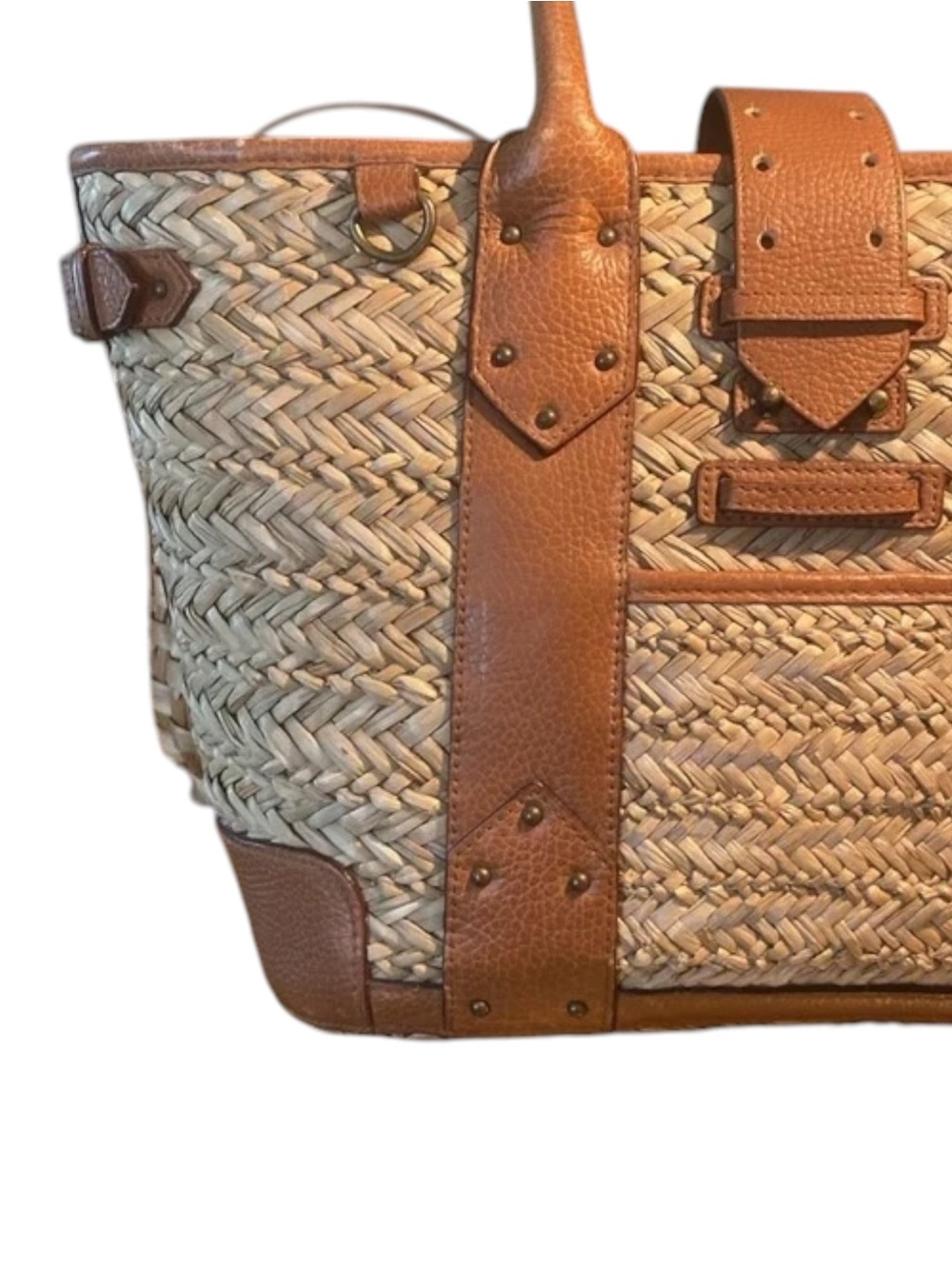 J. CREW Woven Straw Market Shopping Tote Beach Resort Bag Leather Straps Large - Picture 5 of 12